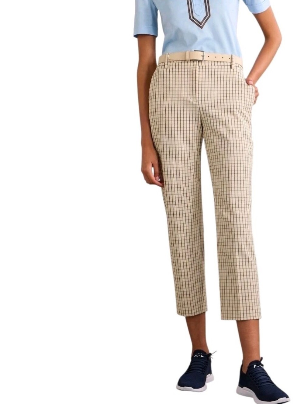 TORY BURCH Checked Cropped Twill Pants Women's 4 Cream Black Office